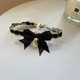 Midnight Pearl - Lace Ribbon Pearl Cat Collar