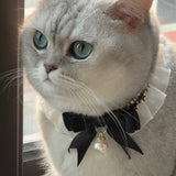 Midnight Pearl - Lace Ribbon Pearl Cat Collar