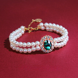 Oceanic Bliss - Vintage-Style Gemstone and Pearl Rhinestone Necklace for Cats