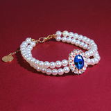 Oceanic Bliss - Vintage-Style Gemstone and Pearl Rhinestone Necklace for Cats