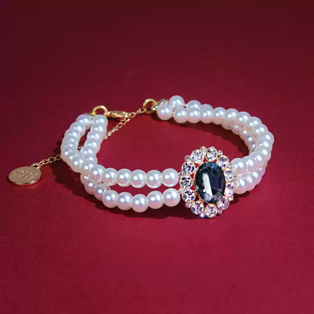 Oceanic Bliss - Vintage-Style Gemstone and Pearl Rhinestone Necklace for Cats