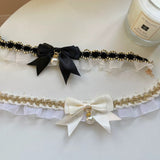 Midnight Pearl - Lace Ribbon Pearl Cat Collar